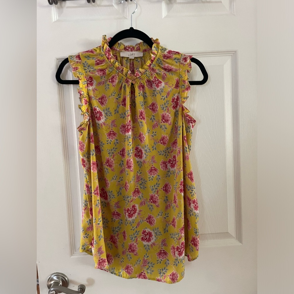 LOFT Yellow Floral Ruffle Trim Tank with Pink Flowers - Picture 2 of 4